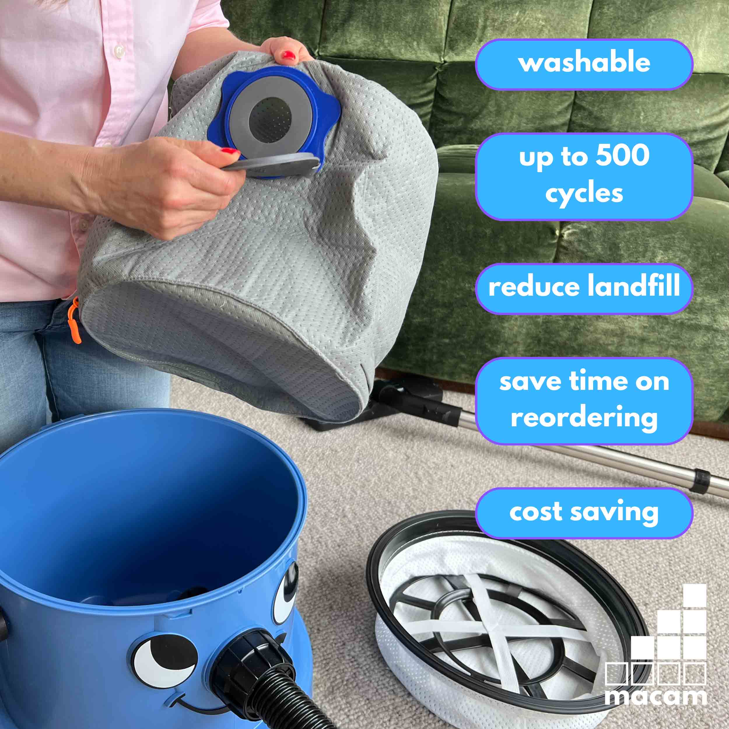 Reusable dust bag for Numatic Henry XL, Charles and George shown with vacuum cleaner accessories