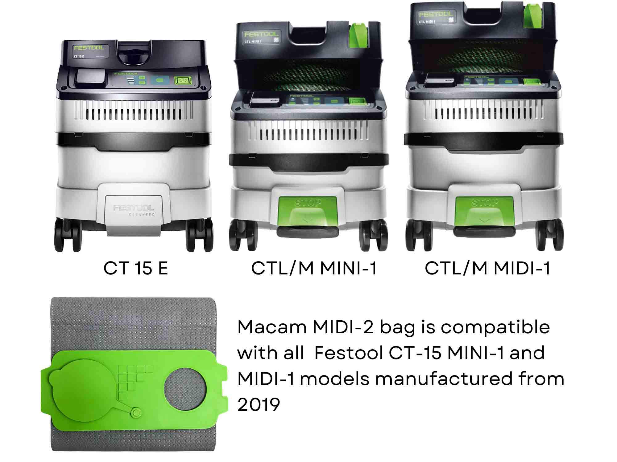 Compatibility chart for reusable dust bag fitting Festool CT 15 E, MINI I and MIDI I